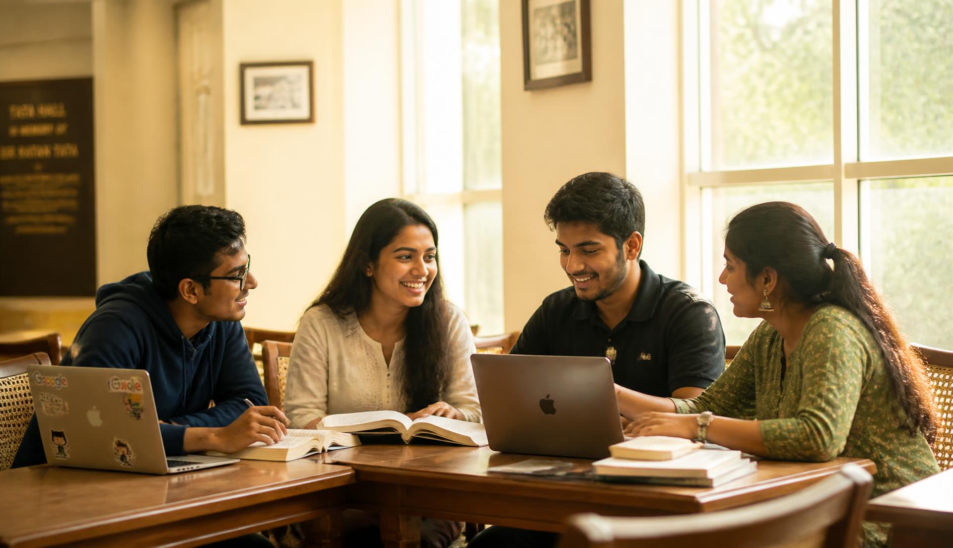 Four students studying together with books and laptops