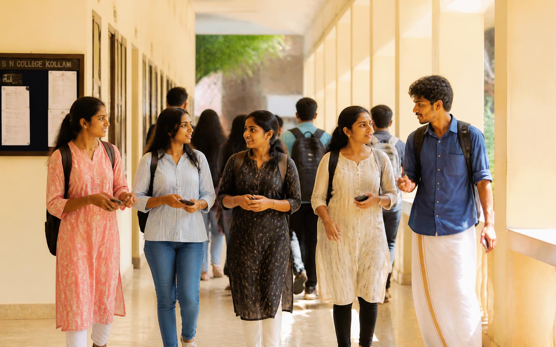 Students walking together along a college corridor in Kerala