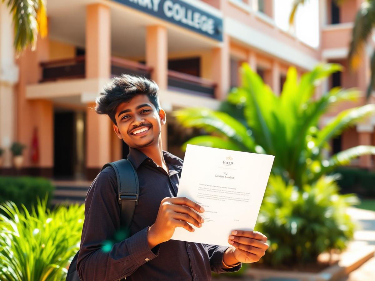 A student holding an admission letter outside a Kerala college